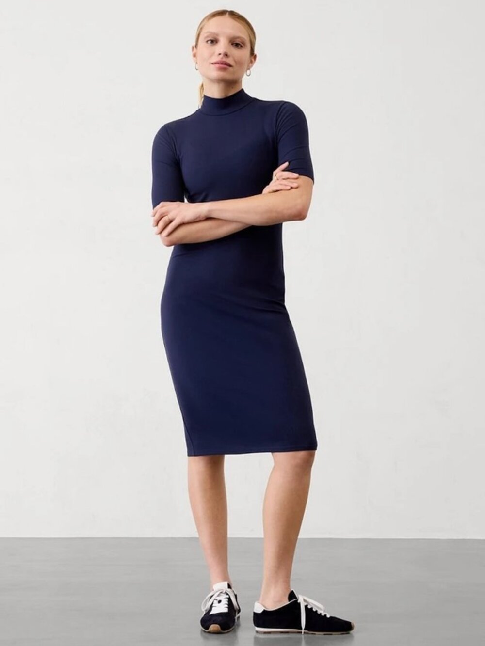 Athleta NWT Bodycon Ribbed Mock Neck Short Sleeve Stretch Midi Dress Blue, XL